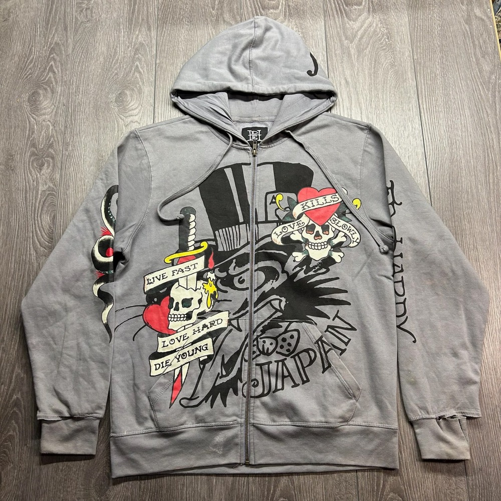 Ed Hardy Medium Love Kills Slowly Zip Up Y2k Hoodie Grey Y2K Tattoo Graphic Mens